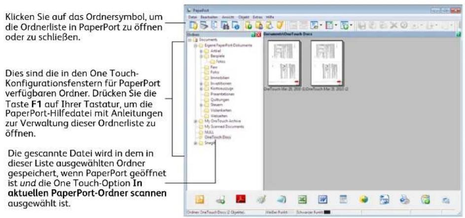 Klicken Sie auf das Ordnersymbol, um die Ordnerliste in PaperPort zu öffnen oder zu schließen. Dies sind die in den One Touch-Konfigurationsfenstern für PaperPort verfügbaren Ordner. Drücken Sie die Taste F1 auf Ihrer Tastatur, um die PaperPort-Hilfedatel mit Anleitungen zur Verwaltung dieser Ordnerliste zu öffnen. Die gescannte Datei wird in dem in dieser Liste ausgewählten Ordner gespeichert, wenn PaperPort geöffnet ist und die One Touch-Option In aktuellen PaperPort-Ordner scannen ausgewählt ist.