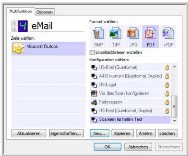 Multifunktion Optionen eMail Ziele wählen: Microsoft Outlook Format wählen: BMP TIFF JPG PDF sPDF Einzelbiddateien erstellen Configuration wählen: US-Brief (Querformat) A4-Dokument (Querformat, Duplex) US-Legal Vor dem Scan konfigurieren Farbnagazn US-Brief (Querformat, Duplex) Scannen für hellen Text Aktualisieren Eigenschaften... Neu... Kopieren Ändern Löschen OK Abbrechen Übomchmen