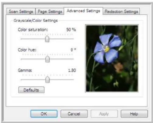 Scan Settings Page Settings Advanced Settings Reduction Settings Grayscale/Color Settings Color saturation: 50 % Color hue: 0 ° Gamma: 1.80 Defaults OK Cancel Apply Help