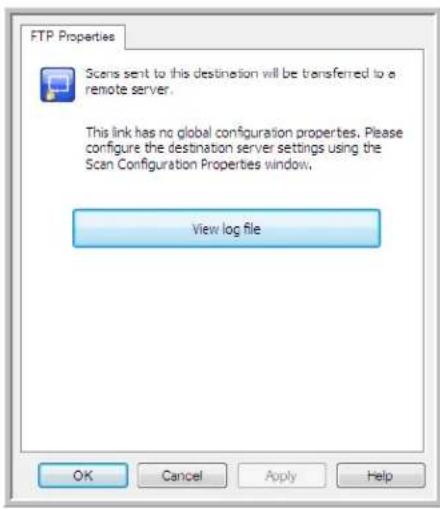 FTP Properties Scars sent to this destination will be transferred to a remote server. This link has no global configuration properties. Please configure the destination server settings using the Scan Configuration Properties window. View log file OK Cancel Apply Help