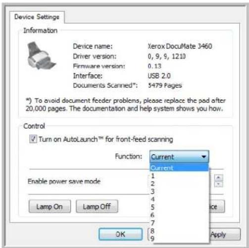 Device Settings Information Device name: Xerox DocuMate 3460 Driver version: 0, 9, 9, 1210 Firmware version: 0.13 Interface: USB 2.0 Documents Scanned*: 5479 Pages *) To avoid document feeder problems, please replace the pad after 20,000 pages. The documentation and help system shows you how. Control ✓ Turn on AutoLaunch™ for front-feed scanning Function: Current Current Enable power save mode 1 2 3 4 5 6 7 8 9 Lamp On Lamp Off OK Apply