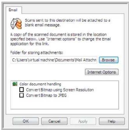 Email Scans sent to this destination will be attached to a blank email message. A copy of the scanned document is stored in the location specified below. Use "Internet options" to change the Email application for this link. Folder for storing attachments: C:\Users\virtual machine\Documents\Mail Attachn Browse Internet Options Color document handling Convert Bitmap using Screen Resolution Convert Bitmap to JPEG OK Cancel Apply Help