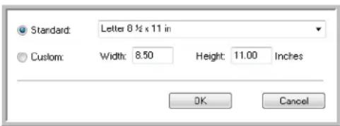Standard: Letter 8 ½ x 11 in Custom: Width: 8.50 Height: 11.00 Inches OK Cancel