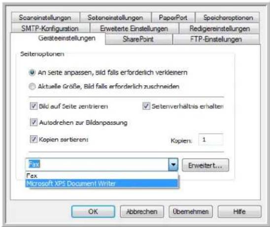 Scarcinatellungen Seteneinstellungen PaperPort Speicharoptionen SMTP-Konfiguration Erweiterte Einstellungen Redigereinstellungen Geateeinstellungen SharePoint FTP-Einstellungen Seitenoptionen An Seite anpassen, bild falls erforderlich verkleinem Aktuelle Größe, Bild falls erforderlich zuschneiden Bild auf Seite zentrieren Setenverhältnis erhalten Autodrehen zur Bildanpassung Kopien sortieren: Kapien: 1 Fax Erweitert... Fax Microsoft XPS Document Writer OK Abbrechen Übernehmen Hlfe