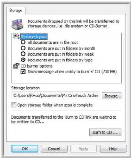 Storage Documents dropped on this link will be transferred to storage devices, i.e. file system or CD-Burner. Storage layout All documents are in the root Documents are put in folders by month Documents are put in folders by week Documents are put in folders by type CD burner options Show message when ready to burn 5" CD (700 MB) Storage location C:\Users\RHoiz\Documents\My OneTouch Archiv Browse Open storage folder when scan is complete Documents transferred to the 'Burn to CD' link are waiting to be written to CD... Burn to CD ... OK Cancel Apply Help