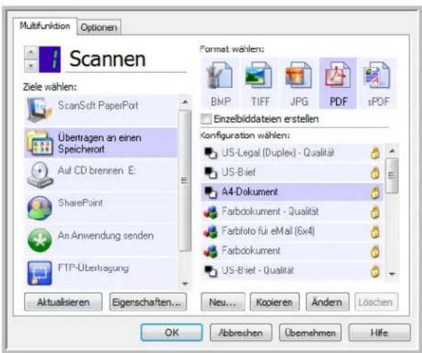 Multifunktion Optionen Scannen Ziele wählen: ScanSoft PaperPort Übertragen an einen Speicherort Auf CD brennen E: SharePoint An Anwendung senden FTP-Übertragung Aktualisieren Eigenschaften... Format wählen: BMP TIFF JPG PDF sPDF Einzelbiddateien erstellen Konfiguration wählen: US-Legal (Duplex) - Qualität US-Brief A4-Dokument Farbdokument - Qualität Farbfoto fui eMail (6x4) Farbdokument US-Brief - Qualität Neu... Kopieren Ändern Löschen OK Abbrevchen Übernehmen Hife