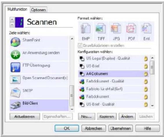 Multifunktion Optionen Scannen Ziele wählen: SharePoint An Anwendung senden FTP Übetragung Open Scanned Document(s) SMTP Bild-Client Aktualisieren Eigenschaften... Format wählen: BMP TIFF JPG POF Ertl. Druzelbildsteilen erstellen Configuration wählen: US-Legal (Duplex) - Qualität US-Brief A4-Dokumenti Farbdokument - Qualität Farbolo für eMail (Ex4) Farbdokument US-Brief - Qualität Neu... Kopieren Ändem Löschen OK Abrechen Übemehmen Hife