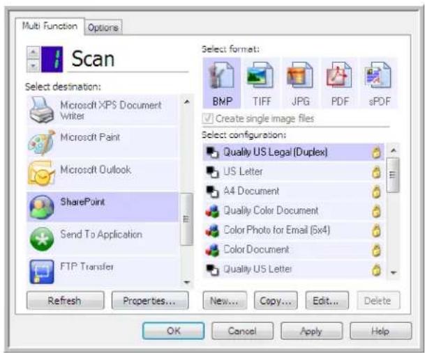 Multi Function Options Scan Select destination: Microsoft XPS Document Writer Microsoft Paint Microsoft Outlook SharePoint Send To Application FTP Transfer Refresh Properties... New... Copy... Edit... Delete Select format: BNP TIFF JPG PDF sPDF Create single image files Select configuration: Quality US Legal (Duplex) US Letter A4 Document Quality Color Document Color Photo for Email (6x4) Color Document Quality US Letter OK Cancel Apply Help