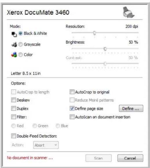 Xerox DocuMate 3460 Mode: Black & White Grayscale Color Resolution: 200 dpi Brightness: 50 % Contrast: 50 % Letter 8.5 x 11 in Options: AutoCrop to length Deskew Duplex Filter: Red Green Blue Double-Feed Detection: Action: Abort AutoCrop to original Reduce Moiré patterns Define page size Define ... AutoScan on document insertion No document in scanner ... Scan Cancel