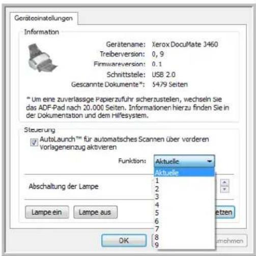 Gerätecoinstellungen Information Gerätename: Xerox DocuMate 3460 Treiberverversion: 0, 9 Firmwareversion: 0.1 Schnittstelle: USB 2.0 Gescannte Dokumente*: 5479 Seiten * Um eine zuverlassige Papierzufuhr sicherzustellen, wechseln Sie das ADF-Pad nach 20.000 Seiten. Informationen hierzu finden Sie in der Dokumentation und dem Hilfesystem. Steuerung AutoLaunch™ für automatisches Scannen über vorderen vorlageneinzug aktivieren Funktion: Aktuelle Aktuelle Abschaltung der Lampe 1 2 3 4 5 6 7 8 9 Lampe ein Lampe aus Letzen OK