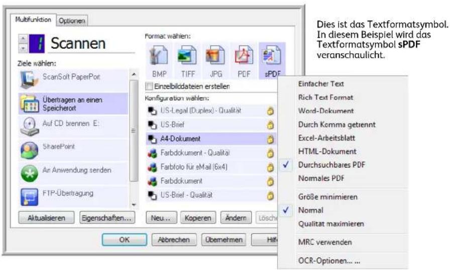 Multifunktion Optionen Scannen Ziele wählen: ScanSoft PaperPort Übertragen an einen Speicherort Auf CD brennen E: SharePoint An Anwendung senden FTP-Übertragung Aktualsieren Eigenschaften... Format: wählen: BMP TIFF JPG PDF sPDF Einzelbilddateien erstellen Konfiguration wählen: US-Legal (Duplex) - Qualität US-Brief A4-Dokument Farbdokument - Qualität Farbfolo für eMail (6x4) Farbdokument US-Brief - Qualität Einfacher Text Rich Text Format Word-Dokument Durch Komma getrennt Excel-Arbeitsblatt HTML-Dokument Durchsuchbares PDF Normales PDF Größe minimieren Normal Qualitat maximieren MRC verwenden OCR-Optionen... ... OK Abbrehen Überehen