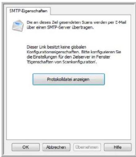 SMTP-Eigenschaften Die an dieses Ziel gesendeten Scans werden per E-Mail über einen SMTP-Server übertragen. Dieser Link besitzt keine globalen Konfigurationseigenschaften. Bitte konfigurieren Sie die Einstellungen für den Zielferver im Fenster Eigenschaften von Scankonfiguration. Protokolldatei anzeigen OK Abbrechen Übernehmen Hilfe