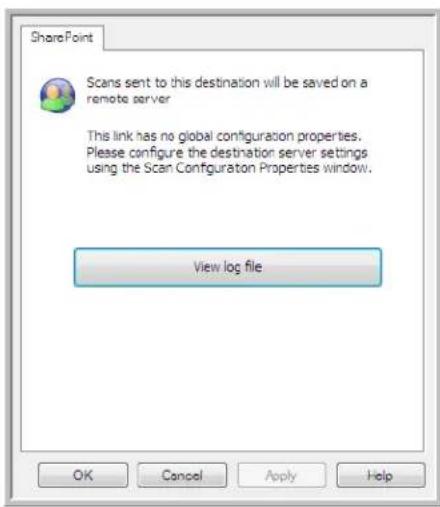 SharePoint Scans sent to this destination will be saved on a remote server This link has no global configuration properties. Please configure the destination server settings using the Scan Configuration Properties window. View log file OK Cancel Apply Help