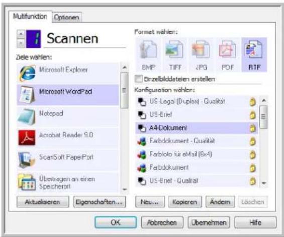 Multifunktion Optionen Scannen Ziele wählen: Microsoft Explorer Microsoft WordPad Notepad Acrobat Reader S.D. ScanSoft PaperPort Übetragen an einen Speicherort Format wählen: EMP TIFF JPG PDF RTF Einzelbildeteien erstellen Konfiguration wählen: US -Legal (Duplex) - Qualität US -Brief A4-Dokument Farbdokument - Qualität Farbiolo für eMail (Evi4) Farbdokument US -Brief - Qualität Aktualseren Eigenschaften... Neu... Kopieren Ändem Löschen OK Abrechen Übemehmen Hife