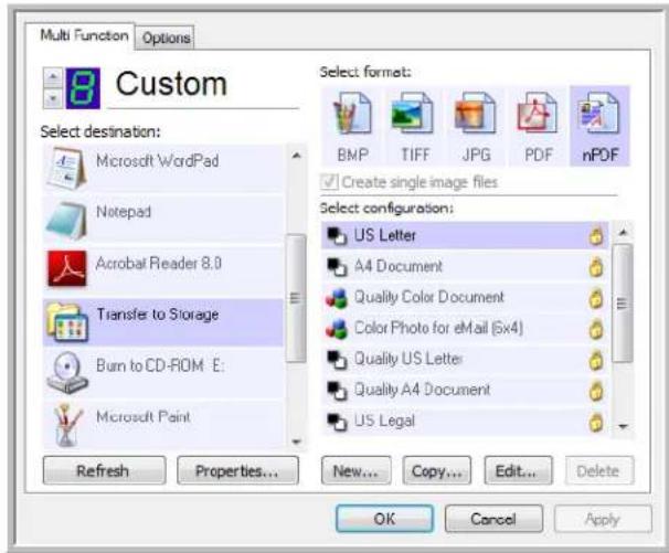 Multi Function Options Custom Select destination: Microsoft WordPad Notepad Acrobat Reader 8.0 Transfer to Storage Burn to CD-ROM E: Microsoft Paint Refresh Properties... New... Copy... Edit... Delete Select format: BMP TIFF JPG PDF nPDF Create single image files Select configuration: US Letter A4 Document Quality Color Document Color Photo for eMail (6x4) Quality US Letter Quality A4 Document US Legal OK Cancel Apply