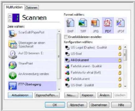 Multifunktion Optionen Scannen Zeile wählen: ScarSoft PaperPort Überragen an einen Speicherort AuL CD bronnen E: SharePoint An Anwendung senden FTP-Übeitragung Format wählen: BMP TIFF JPG PDF sPDF Einzelbildsteien erstellen Konfiguration wählen: US-Legal (Duplex) Qualität US-Brief A4-Dokument Farbdokument - Qualität Farbfoto für eNai (Evi) Farbdokument US-Bref - Qualität Aktualsieren Eigenschaften... Neu... Kapieren Ändern Löschen OK Abbrechen Übernehmen Hife
