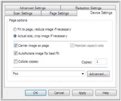 Advanced Settings Scan Settings Page Settings Redaction Settings Device Settings Page options Fit to page, reduce image if necessary Actual size, crop image if necessary Center image on page Maintain aspect ratio AutoRotate image for best fit Collate copies: Copies: 1 Fax Advanced... OK Cancel Apply Help