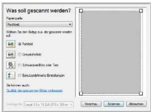 Was soll gescannt werden? Paperquelle: Rachbett Wählen Sie den Bldtyp aus, der gescannt werden soll. @ Farbbild ○ Groutufonbild ○ SchwarzweiBoto oder Text ○ Bonutzdefinens Einstellungen Se können auch: Qualität des gescannten Bldze verbessern Kontengüller: Legal 8.5x 14 Ziel (216 x 350 mm Vorschau Scanen Abbrachen