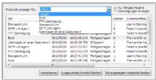 Protokole anzagen für: CABLES CABLES pel Email Sherspoint Link Sherpoint Link SMTP Link Agent SMTP Link Agent FTP-Übertragung Uberbagsen an einem Specherort Email 20/03/29 10:31:00.243 Fehlgeschlagen 0 Übertragen an einem Specherort 20/03/29 10:30:59.756 D-Efigkeit 1 SMTP Link Agent 20/03/29 10:27:53.957 Fehlgeschlagen 0 FTP-Übertragung 20/03/29 10:27:53.039 Fehlgeschlagen 0 Sharepoint Link 20/03/29 10:27:51.072 Fehlgeschlagen 1 Email 20/03/29 10:27:49.348 Fehlgeschlagen 0 Autokuraten Ausgewährte Protokol lachein Alle angegeben Protokole lachein Nur fehlgeschägene Übertragen anzagen Datenen Zusammenfes: User = Starting Failed to transfer Failed to transfer The transfer to The transfer ha Failed to transfer Failed to transfer User = Starting The transfer to Akratsdaten Ausgewährte Protokol lachein Alle angegeben Protokole lachein