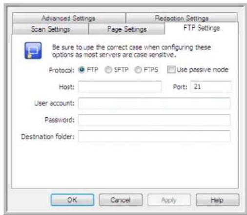 Advanced Settings Scan Settings Page Settings FTP Settings Be sure to use the correct case when configuring these options as most servers are case sensitive. Protocol: FTP SFTP FTPS Use passive mode Host: Port: 21 User account: Password: Destination folder: OK Cancel Apply Help