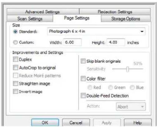 Advanced Settings Scan Settings Page Settings Storage Options Size Standard: Photograph 6 x 4 in Custom: Width: 6.00 Height: 4.00 Inches Improvements and Settings Duplex AutoCrop to original Reduce Moiré patterns Straighten image Invert image Skip blank originals 50% Sensitivity Color filter Red Green Blue Double-Feed Detection Action: Abort OK Cancel Apply Help