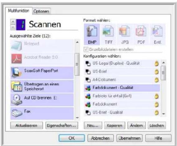 Multifunktion Optionen Scannen Ausgewählte Ziele (12): Notepad Acrobat Reade S.0 ScanSoft FapePort Übetragen an einen Speicherort Auf CD brennen E: Fax Aktudierien Eigenschaften... Format wählen: EMP TIFF JPG PDF Ertl. Einzelbildeteilen erstellen Konfiguration wählen: US-Legal (Duplex) - Qualität US-Erief A4-Dokumeni Farbdokument - Qualität Farbiolo für eMail (Evi4) Farbdokument US-Erief - Qualität Neu... Kopieren Ändern Löschen OK Abbrechen Übernehmen Hife
