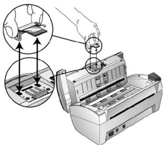 Diagram illustrating printer operation with hands installing a component, showing steps from receipt to print and packaging.