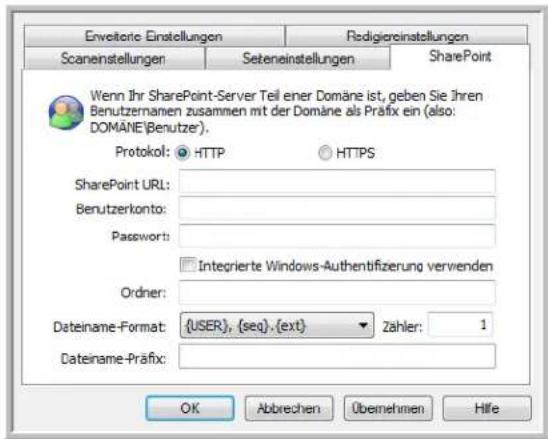 Erweitere Einstellungen Rädigereinstellungen Scanestellungen Seteneinstellungen SharePoint Wenn Ihr SharePoint-Server Teil einer Domäne ist, geben Sie Ihren Benutzernamen zusammen mit der Domäne als Präfix ein (also: DOMÄNE®Benutzer). Protokol: HTTP HTTPS SharePoint URL: Benutzerkonto: Password: Integrierte Windows-Authentifizierung verwenden Ordner: Dateiname-Format: {USER}, {seq}.{ext} Zähler: 1 Dateiname-Präfix: OK Abbrehen Übernehmen Hilfe