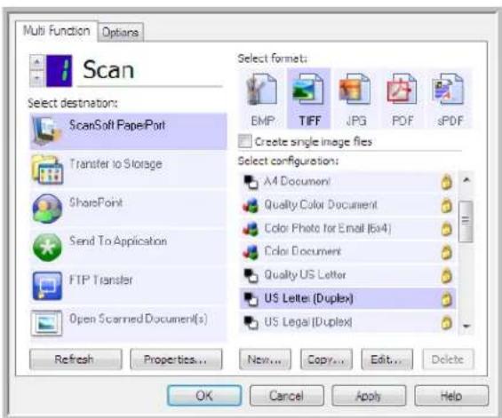 Multi Function Options Scan Select destination: ScanSoft PaperPort Transfer to Storage SharePoint Send To Application FTP Transfer Open Scanned Document(s) Refresh Properties... New... Copy... Edit... Delete Select format: EMP TIFF JPG PDF sPDF Create single image files Select configurations: A4 Document Quality Color Document Color Photo for Email (6x4) Color Document Quality US Letter US Letter (Duplex) US Legal (Duplex) OK Cancel Apply Help