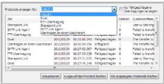 Protokole angegen für: FTP-Ubertragung Nur fehlgeschägene Übertragungen angegen Ziel Datum Uhrzeit Status Datenzen Zusammertfasung FTP-Ubertragung 2010/01/29 10:31:02.681 Fehlgeschlagen 0 Failed to transfer scan result to the FTP-Ubertragung 2010/01/29 10:27:53.039 Fehlgeschlagen 0 Failed to transfer scan result to the FTP-Ubertragung 2010/01/29 10:22:55.255 Fehlgeschlagen 0 Failed to transfer scan result to the Aktualsieren Ausgewönen Protokell loschen Alle angezeigten Protokole loschen