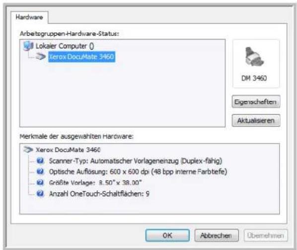 Hardware Arbetsgruppen-Hardware-Status: Lokaier Computer () Xerox DocuMate 3460 DM 3460 Eigenschaften Aktualisieren Merkmale der ausgewählten Hardware: Xerox DocuMate 3460 Scanner-Typ: Automatscher Vorlageneinzug (Duplex-fähig) Optische Auflösung: 600 x 600 dpi (48 bpp interne Farbtefe) Größte Vorlage: 8.50" x 38.00" Anzahl OneTouch-Schaltflächen: 9 OK Abbrechen Übemehmen