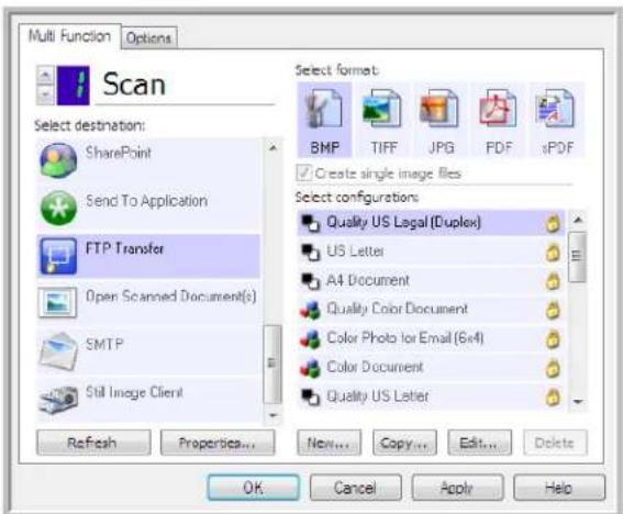 Multi Function Options Scan Select destination: SharePoint Send To Application FTP Transfer Open Scanned Document(s) SMTP Still Image Client Refresh Properties... New... Copy... Edit... Delete Select format BMP TIFF JPG PDF sPDF Create single image files Select configurations Quality US Legal (Duplex) US Letter A4 Document Quality Color Document Color Photo for Email (6x4) Color Document Quality US Letter OK Cancel Apply Help