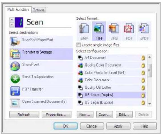 Multi Function Options Scan Select destination: ScanSoft PaperPort Transfer to Storage SharePoint Send To Application FTP Transfer Open Scanned Document(s) Refresh Properties... New... Copy... Edit... Delete Select formats: EMP TIFF JPG PDF sPDF Create single image files Select configuration: A4 Document Quality Color Document Color Photo for Email (6x4) Color Document Quality US Letter US Letter (Duplex) US Lega (Duplex) OK Cancel Apply Help