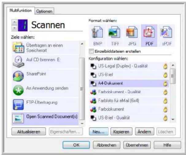 Multifunktion Optionen Scannen Ziele wählen: Übertragen an einen Speicherort Auf CD brennen E: SharePoint An Anwendung senden FTP-Übertragung Open Scanned Document(s) Aktualisieren Eigenschaften... Format wählen: BNP TIFF JPG PDF sPDF Einzelbiddateien erstellen Konfiguration wählen: US-Legal (Duplex) - Qualität US-Brief A4-Dokument Farbdokument - Qualität Farbloto fui eMail (6x4) Farbdokument US-Brief - Qualität Neu... Kopieren Ändern Löschen OK Abbrevchen Übernehmen Hilfe