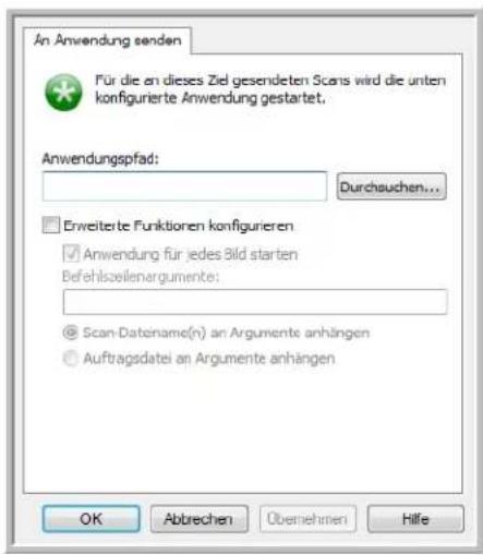 An Anwendung senden Für die an dieses Ziel gesendeten Scans wird die unten konfigurierte Anwendung gestartet. Anwendungspfad: Durchsuchen... Erweiterte Funktionen konfigurieren ✓ Anwendung für jedes Bild starten Befehlszeilenargumente: Scan-Dateiname(n) an Argumente anhängen ○ Auftragsdatei an Argumente anhängen OK Abbrechen Übenehrien Hilfe