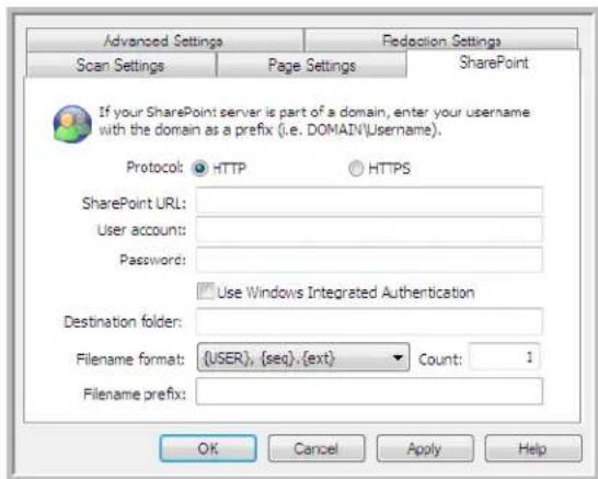 Advanced Settings FRedaction Settings Scan Settings Page Settings SharePoint If your SharePoint server is part of a domain, enter your username with the domain as a prefix (i.e. DOMAIN\Username). Protocol: HTTP HTTPS SharePoint URL: User account: Password: Use Windows Integrated Authentication Destination folder: Filename format: {USER}, {seq}, {ext} Count: 1 Filename prefix: OK Cancel Apply Help