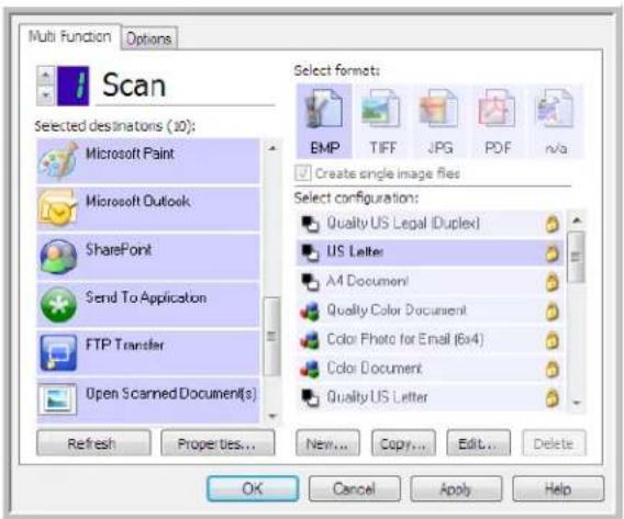 Multi Function Options Scan Selected destinations (10): Microsoft Paint Microsoft Outlook SharePoint Send To Application FTP Transfer Open Scanned Document(s) Refresh Properties... New... Copy... Edit... Delete Select formats: EMP TIFF JPG PDF n/a Create single image files Select configuration: Quality US Legal (Duplex) US Letter A4 Document Quality Color Document Color Photo for Email (6x4) Color Document Quality US Letter OK Cancel Apply Help
