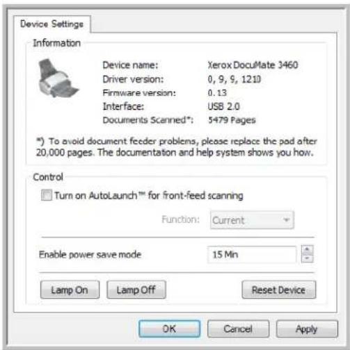 Device Settings Information Device name: XeroxDocuMate 3460 Driver version: 0, 9, 9, 1210 Firmware version: 0.13 Interface: USB 2.0 Documents Scanned*: 5479 Pages *) To avoid document feeder problems, please replace the pad after 20,000 pages. The documentation and help system shows you how. Control Turn on AutoLaunch™ for front-feed scanning Function: Current Enable power save mode 15 Min Lamp On Lamp Off Reset Device OK Cancel Apply