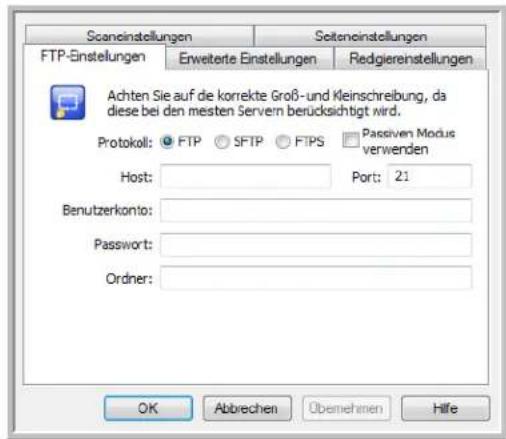 Scaneinstellungen Seiteinstellungen FTP-Einstellungen Erweiterte Einstellungen Redgierestellungen Achten Sie auf die korrekte Groß- und Kleinschreibung, da diese bei den besten Server berücksichtigt wird. Protokoll: FTP SFTP FTPS Passiven Modus verwenden Host: Port: 21 Benutzerkonto: Passwort: Ordner: OK Abbrechen Übernehmen Hilfe
