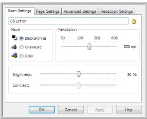 Scan Settings Page Settings Advanced Settings Redaction Settings US Letter Mode Black&White Grayscale Color Resolution 50 100 300 600 200 dpi Brightness: 50 % Contrast: OK Cancel Apply Help