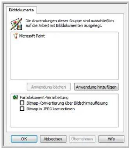 Bilddokumente Die Anwendungen dieser Gruppe sind ausschließlich auf die Arbeit mit Bilddokumenten ausgelegt. Microsoft Paint Anwendung löschen Anwendung hinzufügen Farbdokument-Verarbeitung Bitmap-Konvertierung über Bildschirmauflösung Bitmap in JPEG konvertieren OK Abbrechen Übernehmen Hilfe