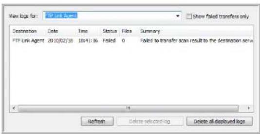 View logs for: FTP Link Agent Destination Date Time Status Files Summary FTP Link Agent 2010/02/18 10:41:16 Failed 0 Failed to transfer scan result to the destination serve Refresh Delete selected log Delete all deployed logs