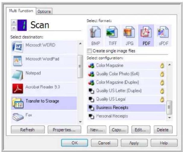 Multi Function Options Scan Select destination: Microsoft WORD Microsoft WordPad Notepad Acrobat Reader 3.0 Transfer to Storage Fax Refresh Properties... New... Copy... Edit... Delete Select format: BNP TIFF JPG PDF sPDF Create single image files Select configuration: Color Magazine Quality Color Photo (6x4) Color Magazine (Duplex) Quality US Letter (Duplex) Quality US Legal Business Receipts Personal Receipts OK Cancel Apply Help