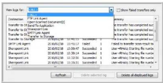 View logo for: FTP Link Agent Open Scanned Document(s) Transfer to ST Send To Application Transfer to ST Sharepoint Link SMTP Link Agent Transfer to Storage Transfer to Storage SMTP Link Agent 20/08/02/18 18:41:13 Succeeded 0 Sharepoint Link 20/08/02/18 18:41:17 Failed 1 Sharepoint Link 20/08/02/18 18:00:47 Succeeded 1 Sharepoint Link 20/08/02/18 18:30:14 Succeeded 1 Sharepoint Link 20/08/02/18 18:32:56 Succeeded 1 Sharepoint Link 20/08/02/18 18:35:31 Succeeded 1 Show failed transfers only Summary The transfer has completed suc The transfer has completed suc The transfer has completed suc The transfer has completed suc The transfer has completed suc Failed to transfer scan result to User=Rhiz; Starling file number User=Rhiz; Starling file number User=Rhiz; Starling file number User=Rhiz; Starling file number User=Rhiz; Starling file number Refresh Delete selected log Delete all displayed logs