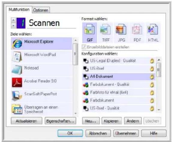 Multifunktion Optionen Scannen Ziele wählen: Microsoft Explorer Microsoft WordPad Notepad Acrobat Reader 3.0 ScarSoft PaperPort Übertragen an einen Speicherort Aktualsieren Eigenschaften... Format wählen: GIF TIFF JPG PDF HTML Enzelbilddateln erstellen Konfiguration wählen: US-Legal (Duplex) - Qualität US-Bsef AI-Dokument Farbdokument - Qualität Farbfofo für eMail (6x4) Farbdokument US-Bsef - Qualität Neu... Kapieren Ändern Löschen OK Abbrechen Übernehmen Hife