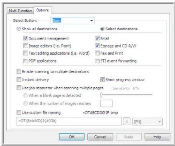 Multi Function Options Select Button: Scan Show all destinations Select destinations ✓ Document management ✓ Email ☐ Image editors (i.e. Paint) ✓ Storage and CD-R/W ☐ Text editing applications (i.e. Word) ✓ Fax and Print ☐ PDF applications ✓ STI event forwarding Enable scanning to multiple destinations Instant delivery ✓ Show progress window Use job separator when scanning multiple pages Sensitivity 0% When a blank page is detected When the number of images reaches Use custom file naming ~OTABCD1001F.bmp ~OT(BatchID)I(#03b) < (FII) OK Cancel Apply Help
