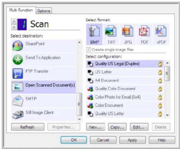 Multi Function Options Scan Select destination: SharePoint Send To Application FTP Transfer Open Scanned Document(s) SMTP Still Image Client Refresh Properties... New... Copy... Edit... Delete Select format: BMP TIFF JPG PDF sPDF Create single image files Select configuration: Quality US Lega (Duplex) US Letter A4 Document Quality Color Document Color Photo for Email (Sx4) Color Document Quality US Letter OK Cancel Apply Help