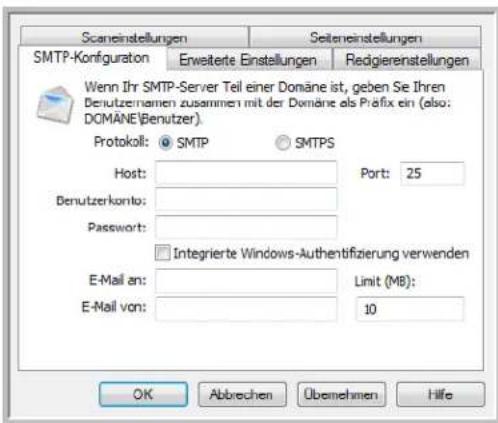 Scaneinstellungen Seiteneinstellungen SMTP-Konfiguration Erweiterte Einstellungen Redgierenestellungen Wenn Ihr SMTP-Server Teil einer Domäne ist, geben Sie Ihren Benutzernamen zusammen mit der Domäne als Präfix ein (also: DOMANE\Benutzer). Protokoll: SMTP SMTPS Host: Port: 25 Benutzerkonla: Password: Integrierte Windows-Authentifizierung verwenden E-Mail an: Limit (MB): E-Mail von: 10 OK Abbrechen Übernehmen Hilfe