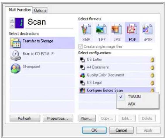 Multi Function Options Scan Select destination: Transfer to Storage Burn to CD-ROM E Sharepoint Select format: EMP TIFF JPG PDF sPDF Create single image files Select configurations: US Letter A4 Document Quality Color Document US Legal Configure Before Scan TWAIN WIA Refresh Properties... New... Copy... Edit... Delete OK Cancel Apply