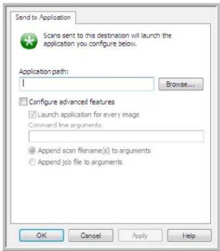 Send to Application Scans sent to this destination will launch the application you configure below. Application path: I Browse... Configure advanced features Launch application for every image Command line arguments: Append scan filename(s) to arguments Append job file to arguments OK Cancel Apply Help
